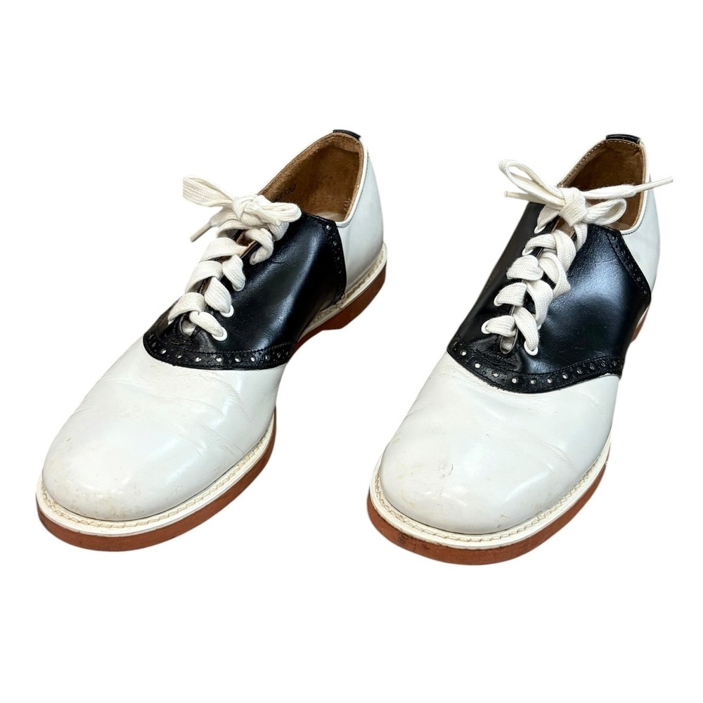Vtg Spalding Saddle Shoes Black White Leather Oxfords 8.5 AA Rockabilly Preppy